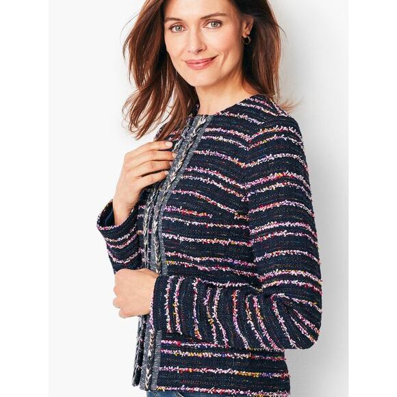 Talbots Fringe Trim Tweed Blazer Jacket Women Sz 6 Blue Long Sleeve Career Lined - Picture 3 of 9